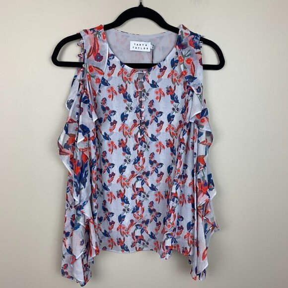 Tanya Taylor Floral Ikat Gauze Corinne Silk Cold Shoulder Top Size 2 NEW - Picture 1 of 9